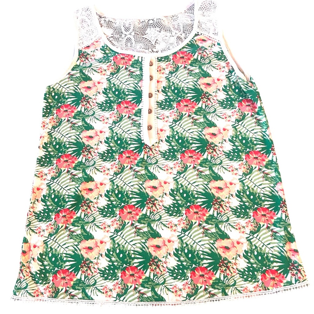 Lace-Trim Tropical Floral Tank Top in White, Pink & Green